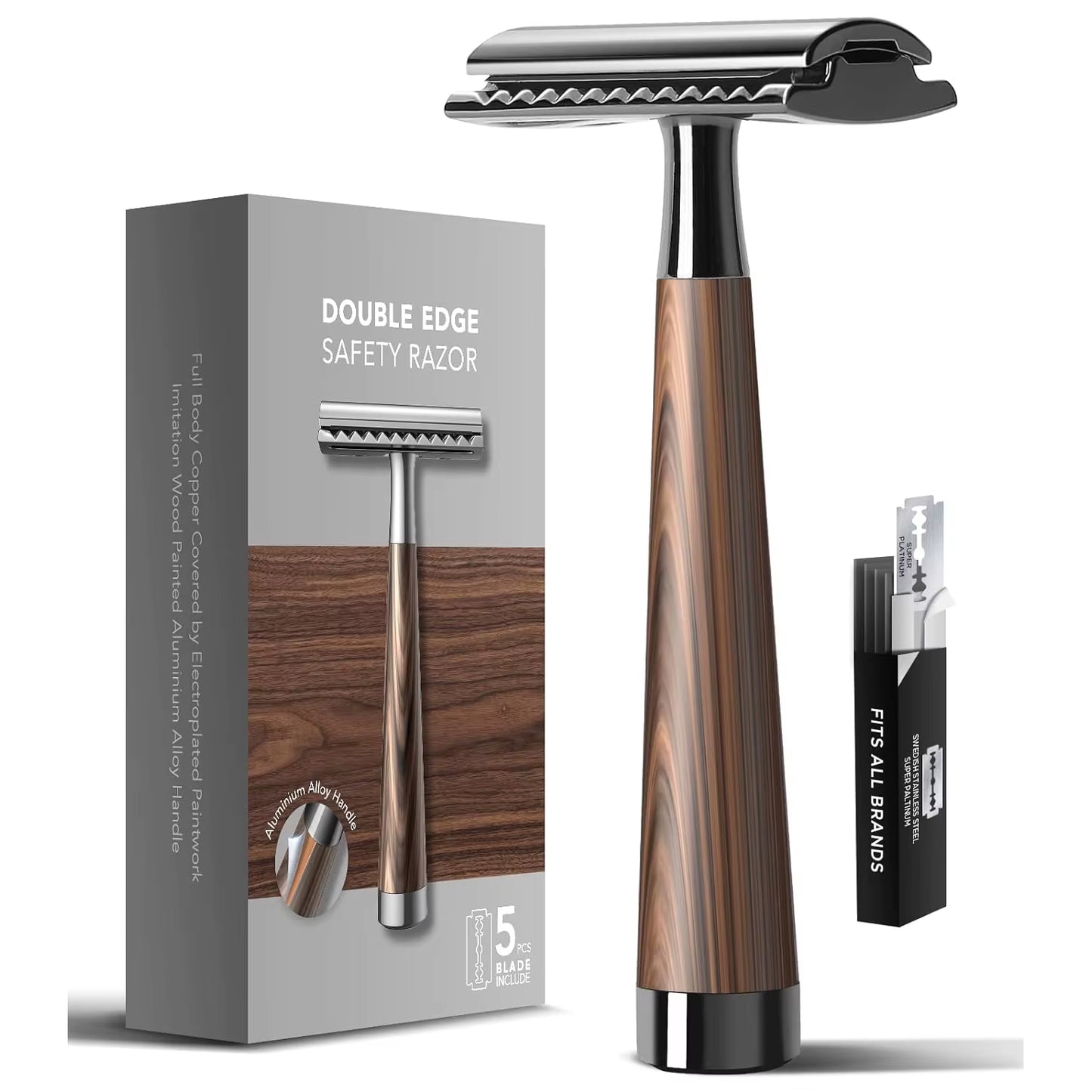 Double Edge Safety Razor, Faux Wood Zinc Alloy Handle Razor with 5 Swiss Stainless Steel Blades, Heavy Duty Eco-Friendly Razor F