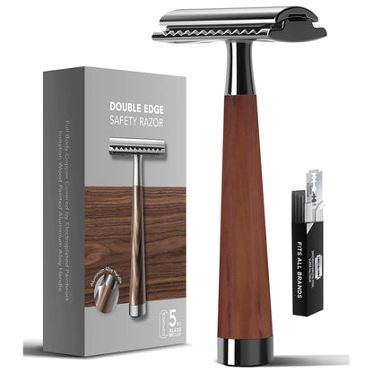 Double Edge Safety Razor, Faux Wood Zinc Alloy Handle Razor with 5 Swiss Stainless Steel Blades, Heavy Duty Eco-Friendly Razor F