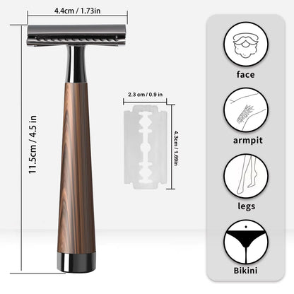 Double Edge Safety Razor, Faux Wood Zinc Alloy Handle Razor with 5 Swiss Stainless Steel Blades, Heavy Duty Eco-Friendly Razor F