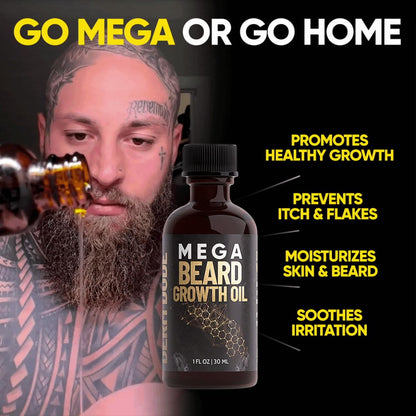 Mega Beard Growth Oil for Men | Formulated with Castor Oil & Jojoba Oil for Hair Growth | Promotes Thicker, Fuller Beard, Hydrates & Softens Facial Hair, Non-Greasy Grooming Treatment - 1 Oz